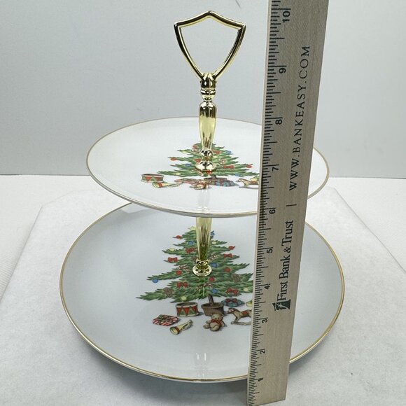 Vintage Two-Tiered Tidbit Set Fine China Holiday Desert Tray Christmas Tree - Picture 8 of 16